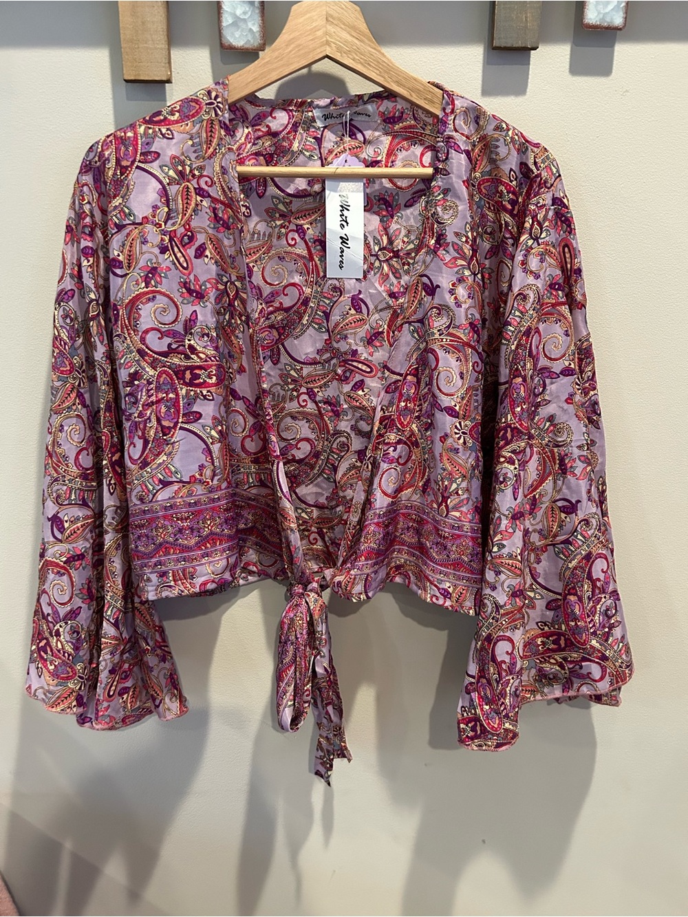 White Waves Lilac Paisley Tie-Front shrug